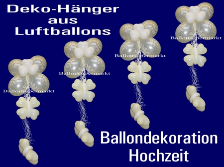 Dekoration aus Ballons zur Hochzeit, Deko-Hänger aus Just Married Luftballons in Silber, Herzluftballons und Zierband