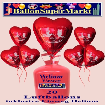 Alles Gute zur Hochzeit, Set aus 20 roten Luftballons mit dem Helium-Einweg-Beh&auml;lter