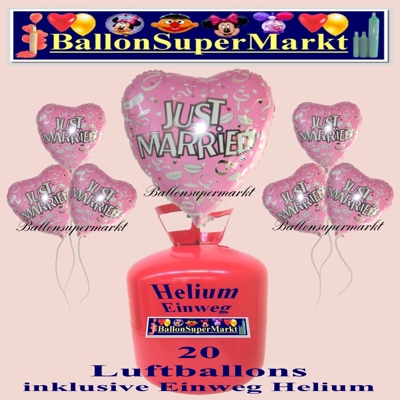 Just Married pink, Set aus 20 Luftballons mit dem Helium-Einweg-Beh&auml;lter