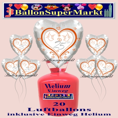 Silberne Hochzeit, 25, Set aus 20 Luftballons mit dem Helium-Einweg-Beh&auml;lter