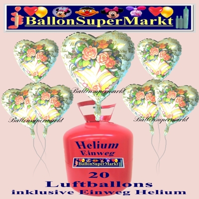 Wedding Wishes, Blumen und Hochzeitsglocken, Set aus 20 Luftballons mit dem Helium-Einweg-Behälter