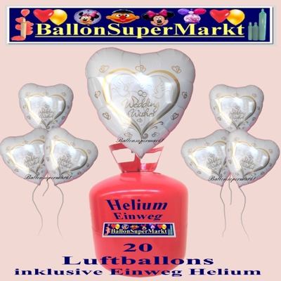 Wedding Wishes, Hochzeitstauben und Ringe, Set aus 20 Luftballons mit dem Helium-Einweg-Beh&auml;lter