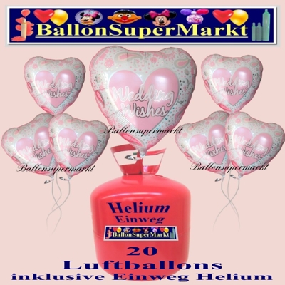 Wedding Wishes, pink, Set aus 20 Luftballons mit dem Helium-Einweg-Behälter Wedding Wishes, pink, Set aus 20 Luftballons mit dem Helium-Einweg-Behälter