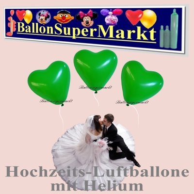 Luftballons zur Hochzeit, Herzluftballons in Grün mit der Helium Einweg Miniflasche
