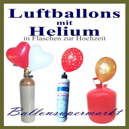 Schöne kleine Sets aus Hochzeits-Luftballons mit einer Helium-Einwegflasche und Ballonbändern vereinfachen die Präsentation