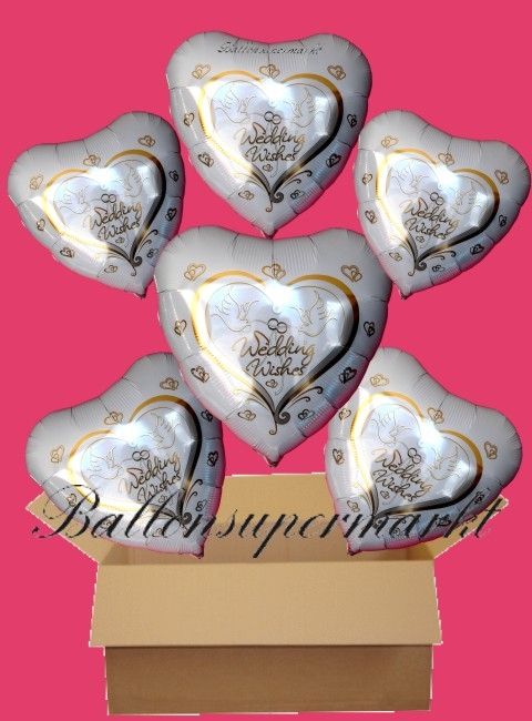 6 Ballons zur Hochzeit mit Helium zur Lieferung im Karton, Wedding Wishes, Hochzeits.Glückwünsche mit Hochzeitstauben