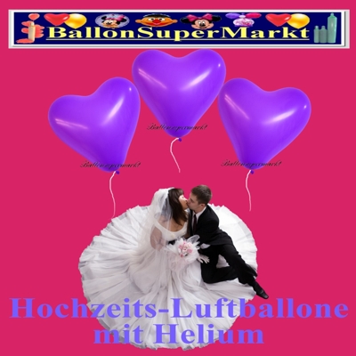 Luftballons zur Hochzeit, Herzluftballons in Lila mit der Helium Einweg Miniflasche