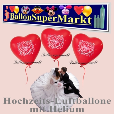 Luftballons zur Hochzeit, Herzluftballons in Rot, Aufdruck Just Married, mit der Helium Einweg Miniflasche
