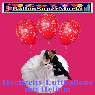 Luftballons zur Hochzeit, Rundluftballons in Rot, Aufdruck Just Married, mit der Helium Einweg Miniflasche