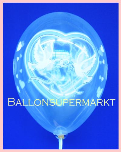Transparente Luftballons mit Hochzeitstauben und Hochzeitsringen zur Ballondekoration Hochzeit